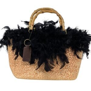Relic Feather Trimmed Handbag with Bamboo Handles